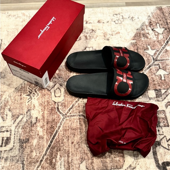 Salvatore Ferragamo Black and Red Groove Slides
